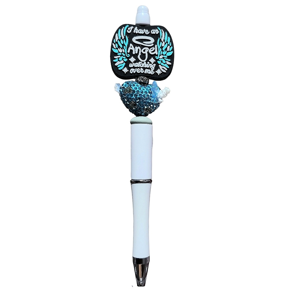 Angel Watching Over Me Heart Beaded Ballpoint Twist Pen White